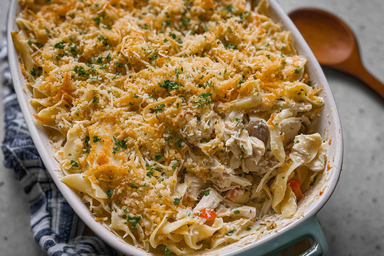 Chicken Noodle Casserole With Creamy Sauce And Cheesy Topping 6 Creamy Chicken Noodle Casserole