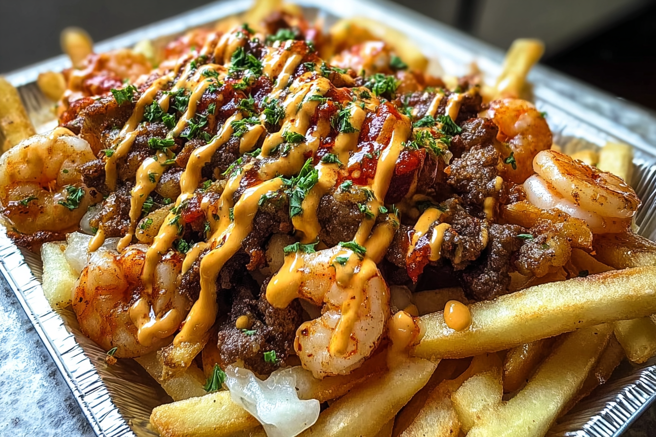 Cajun Surf And Turf Fries With Spiced Steak, Shrimp, And Cream Sauce 6 Cajun Surf N Turf Loaded Fries