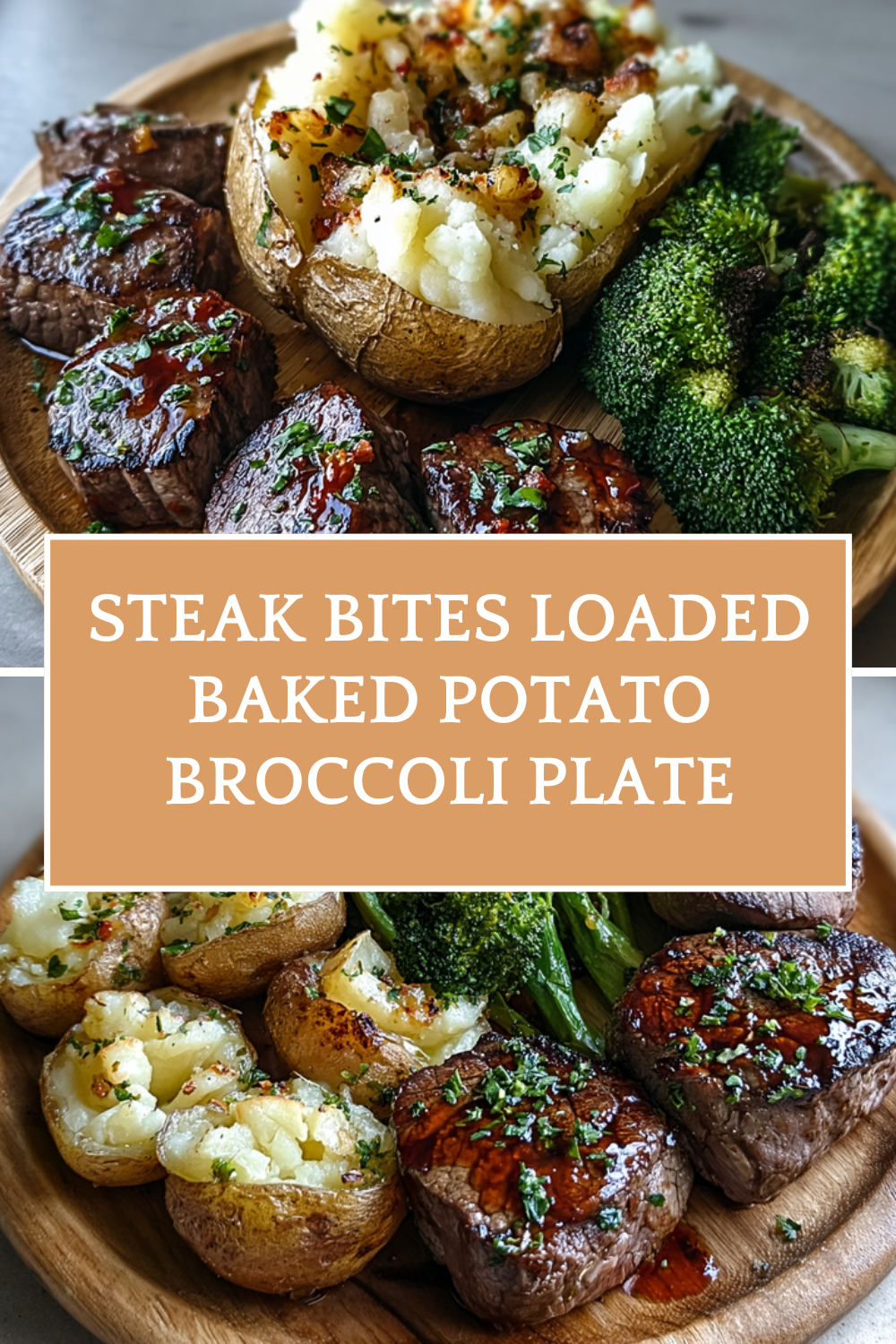 Loaded Baked Potato With Steak, Shrimp, Broccoli And Cheese Sauce Recipe 7 Steak Bites Loaded Baked Potato Broccoli Plate