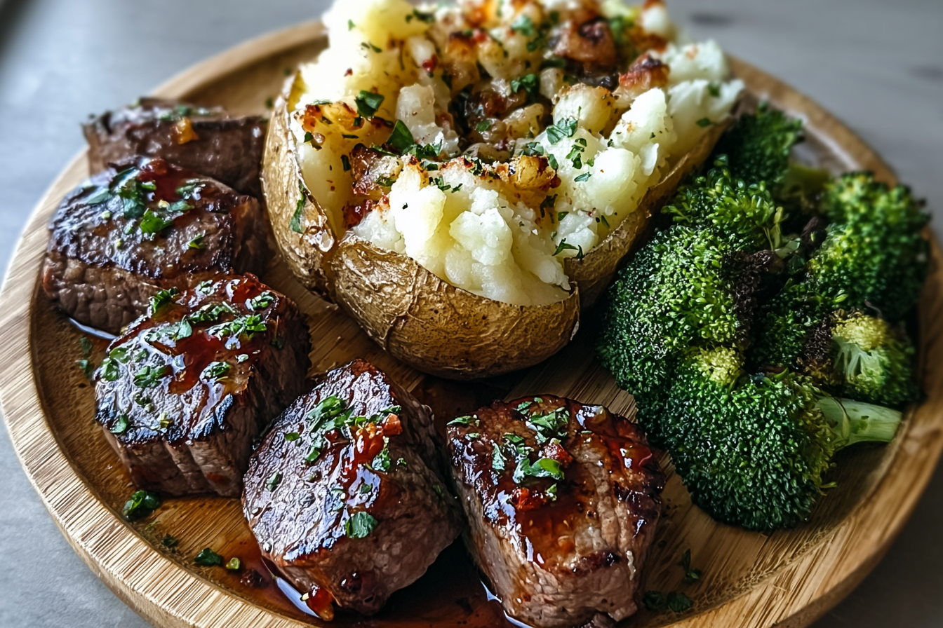 Loaded Baked Potato With Steak, Shrimp, Broccoli And Cheese Sauce Recipe 6 Steak Bites Loaded Baked Potato Broccoli Plate